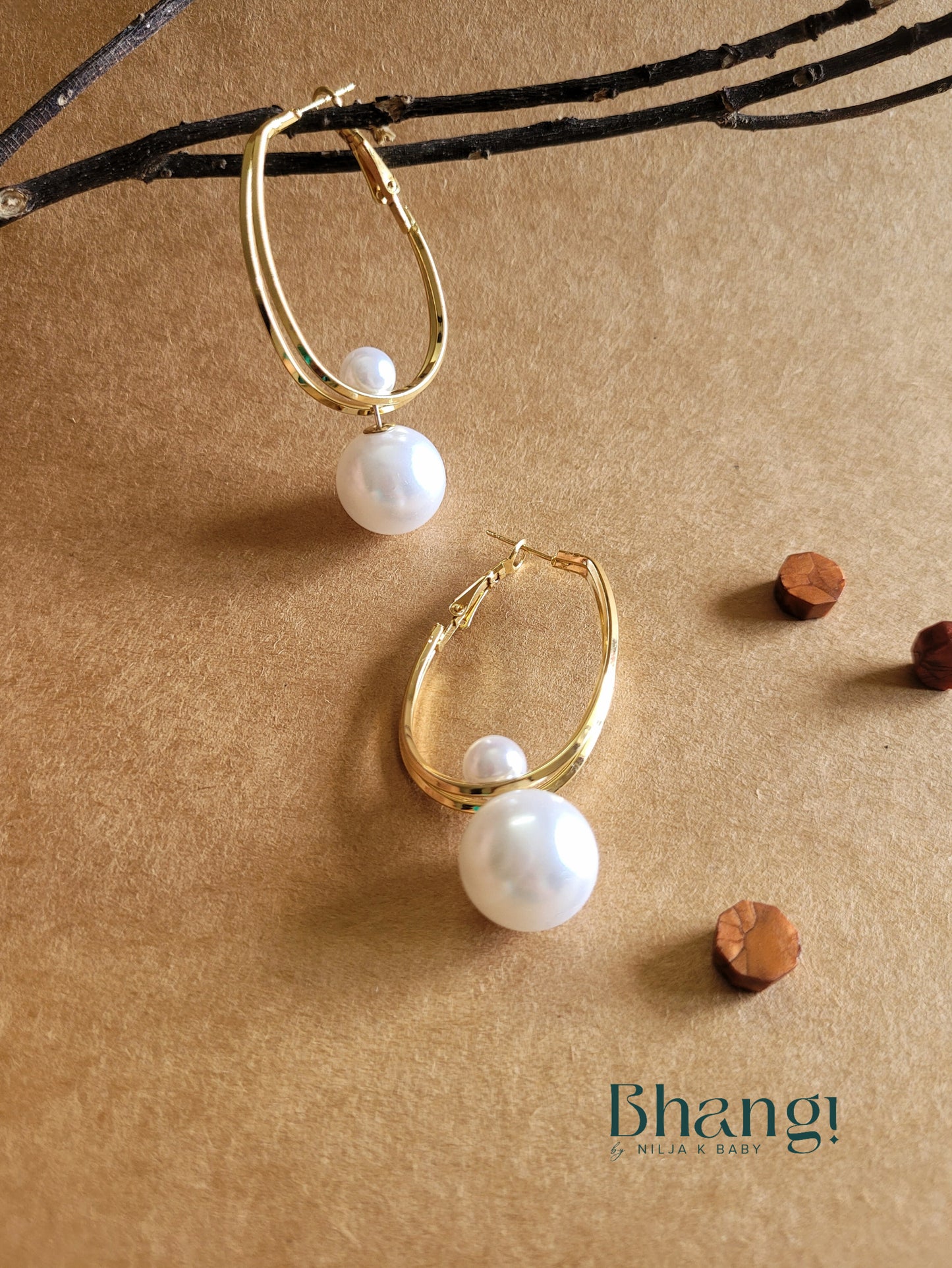 Bhangi Oval Hoop Earrings with Pearl Drop