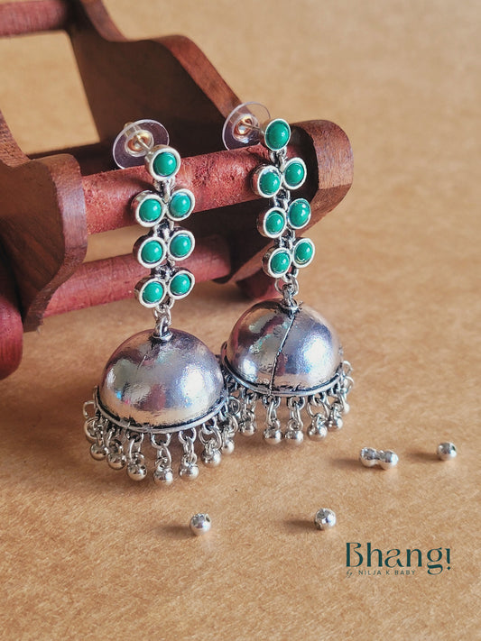 Silver Green Jhumka Earrings