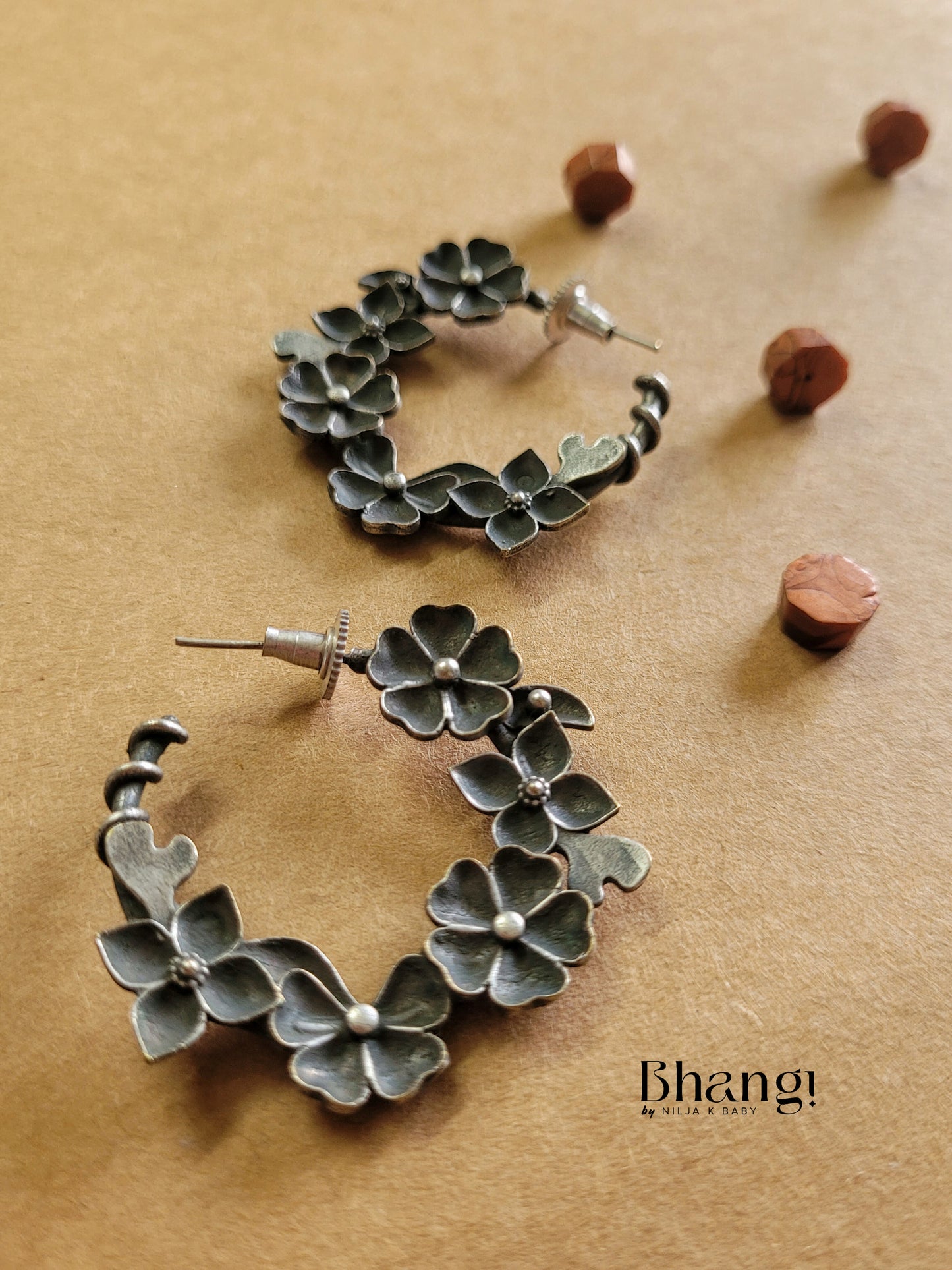 Oxidised Floral Hoop Earrings