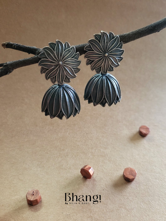 Oxidized Lotus Jhumka Earrings