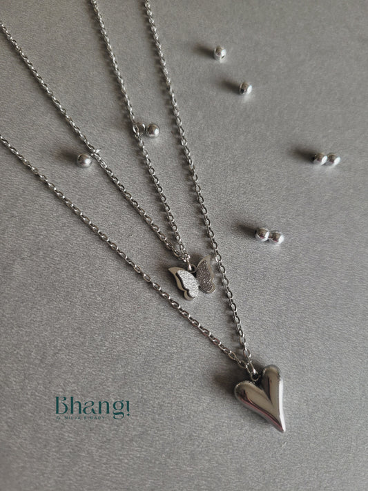 Bhang! Silver Layered Heart and Butterfly Necklace