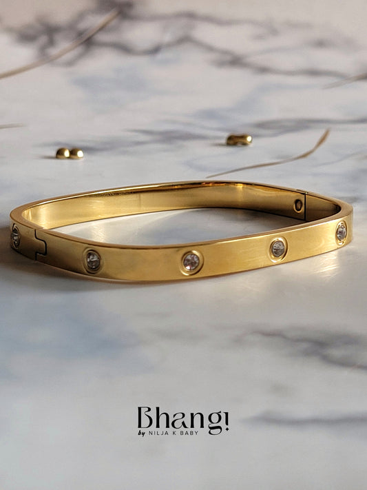 Gold-Toned Stainless Steel Square Cuff with Cubic Zirconia