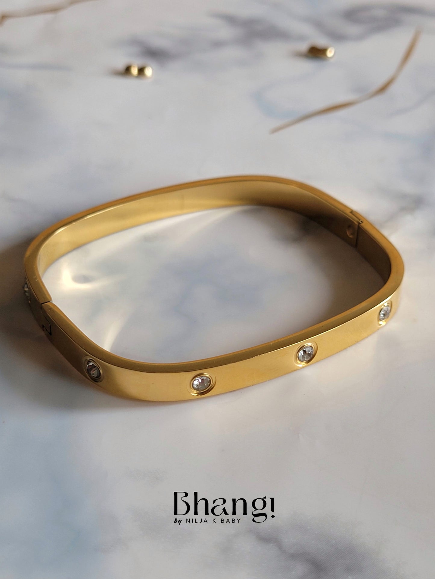 Gold-Toned Stainless Steel Square Cuff with Cubic Zirconia