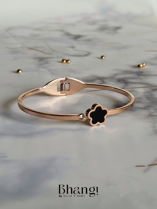 Rose Gold Bangle with Black Flower Accent