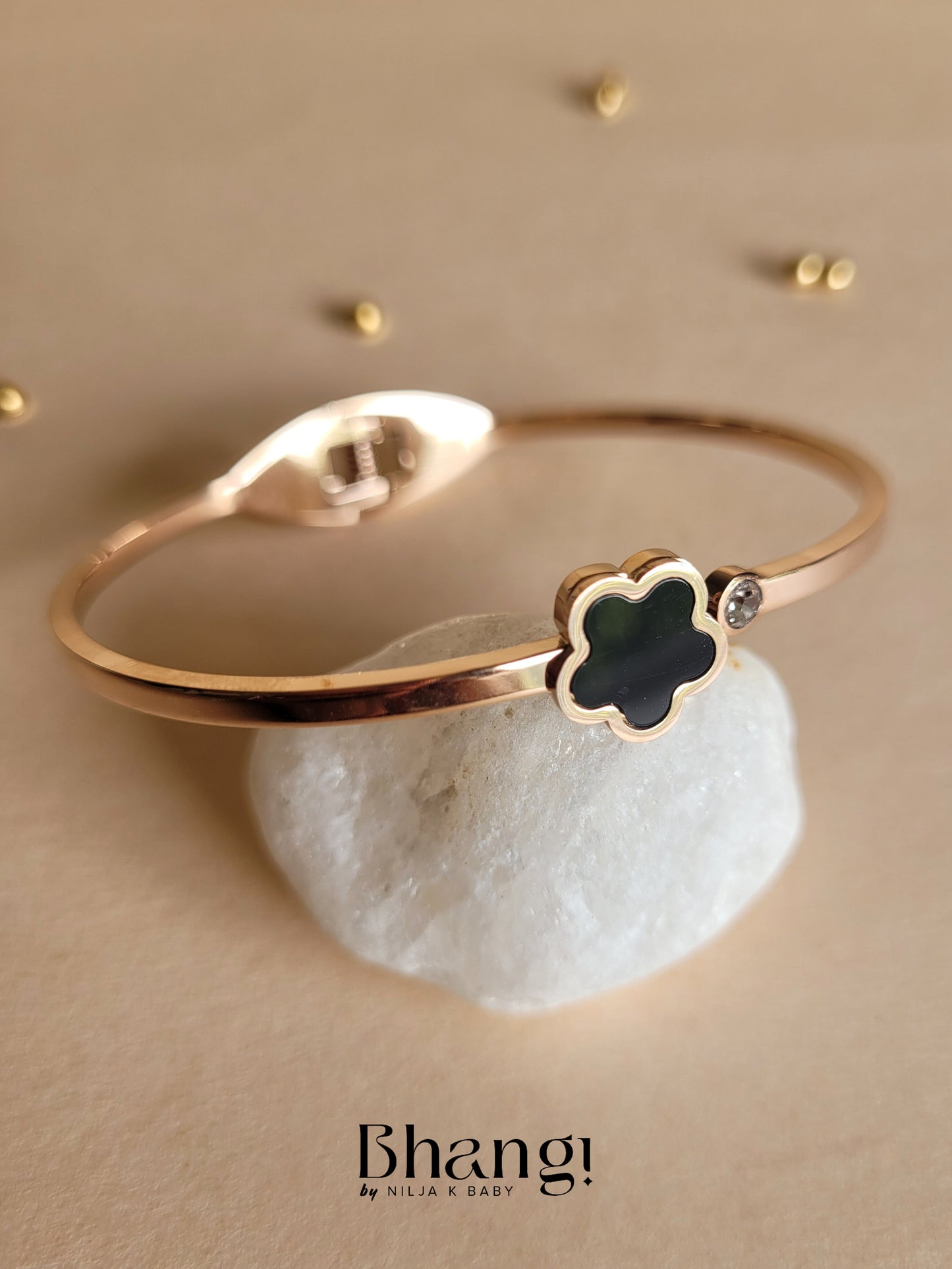 Rose Gold Bangle with Black Flower Accent