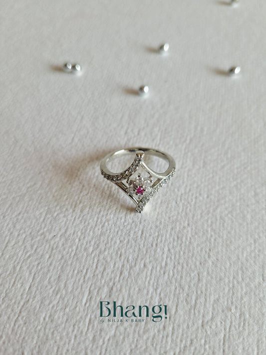 Crystal Flower Ring with Red Stone Accent