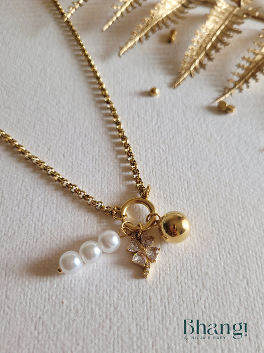 Gold-Tone Pearl and Crystal Charm Neckl
