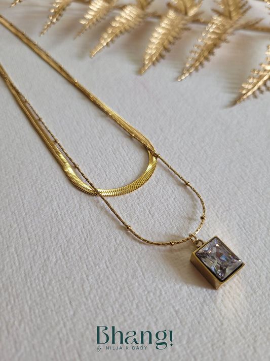 Gold-Tone Layered Necklace with Crystal Pendant