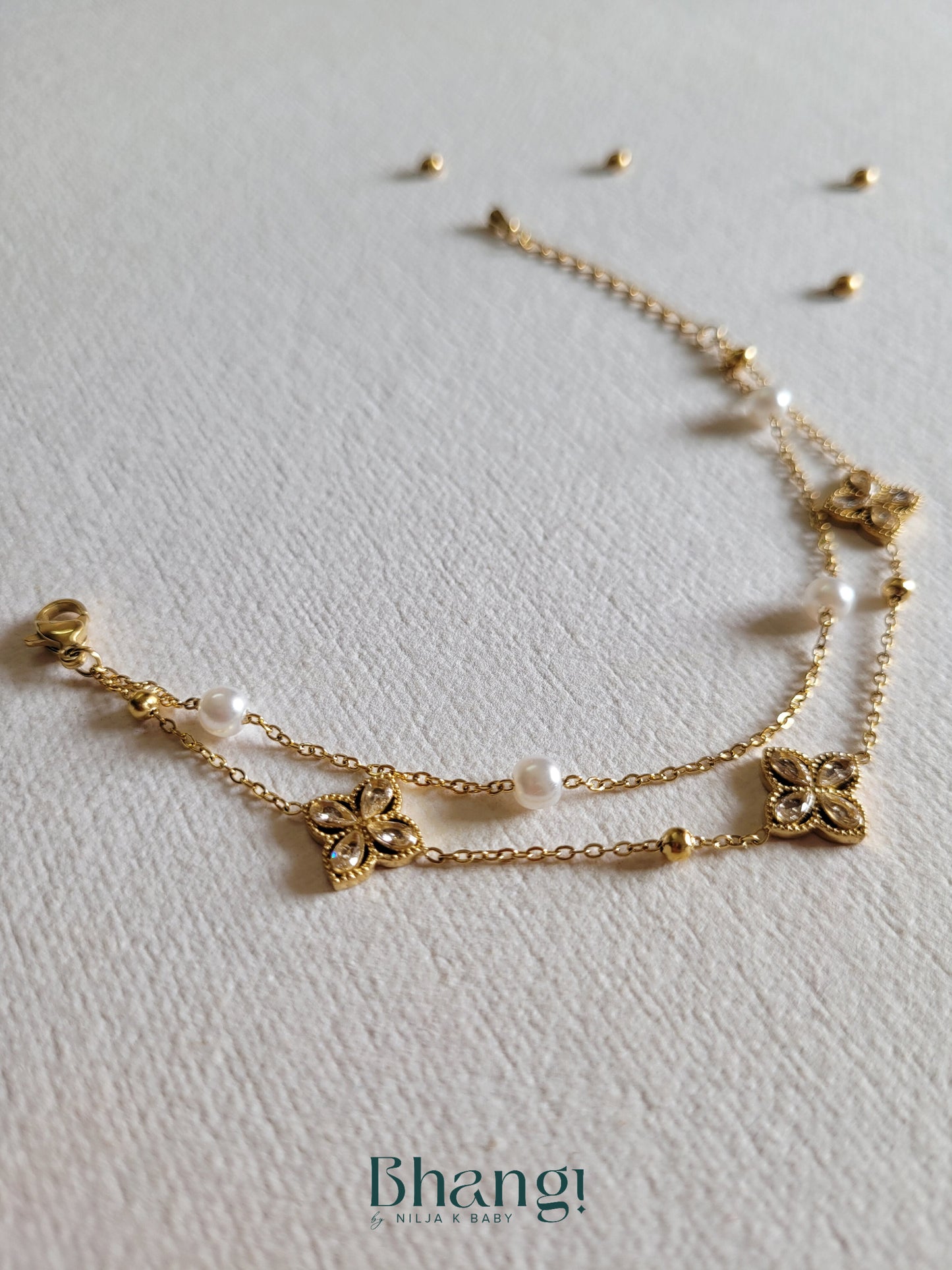 Gold-Tone Pearl and Floral Charm Bracelet