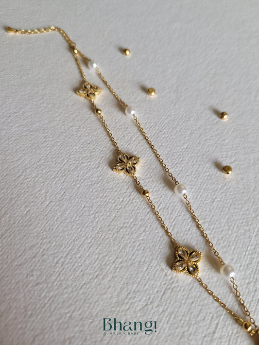 Gold-Tone Pearl and Floral Charm Bracelet