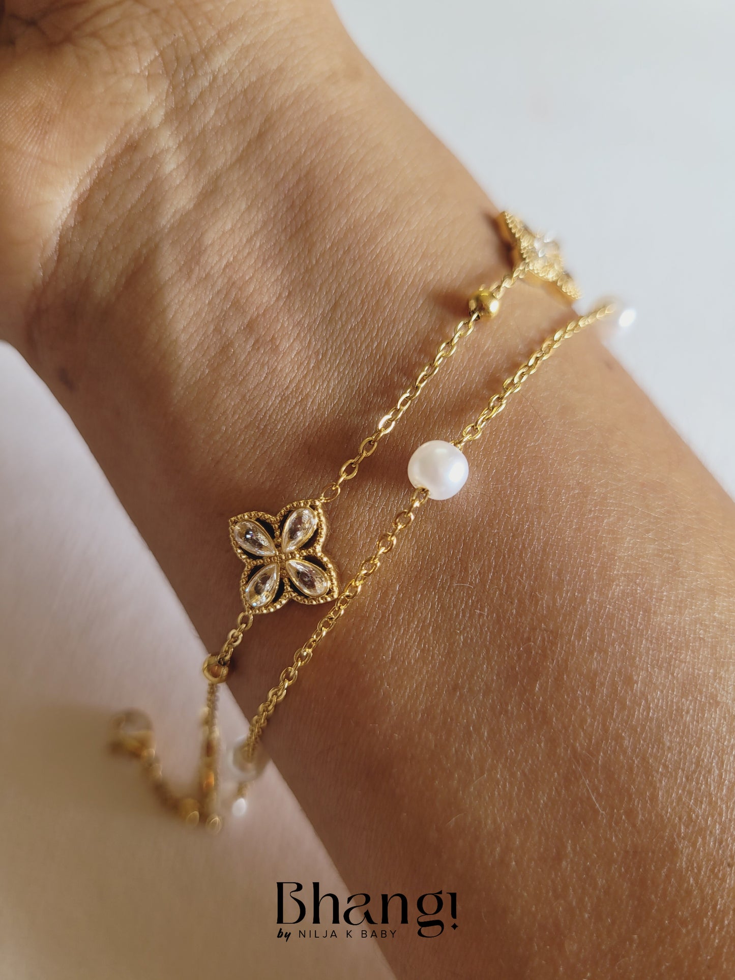 Gold-Tone Pearl and Floral Charm Bracelet