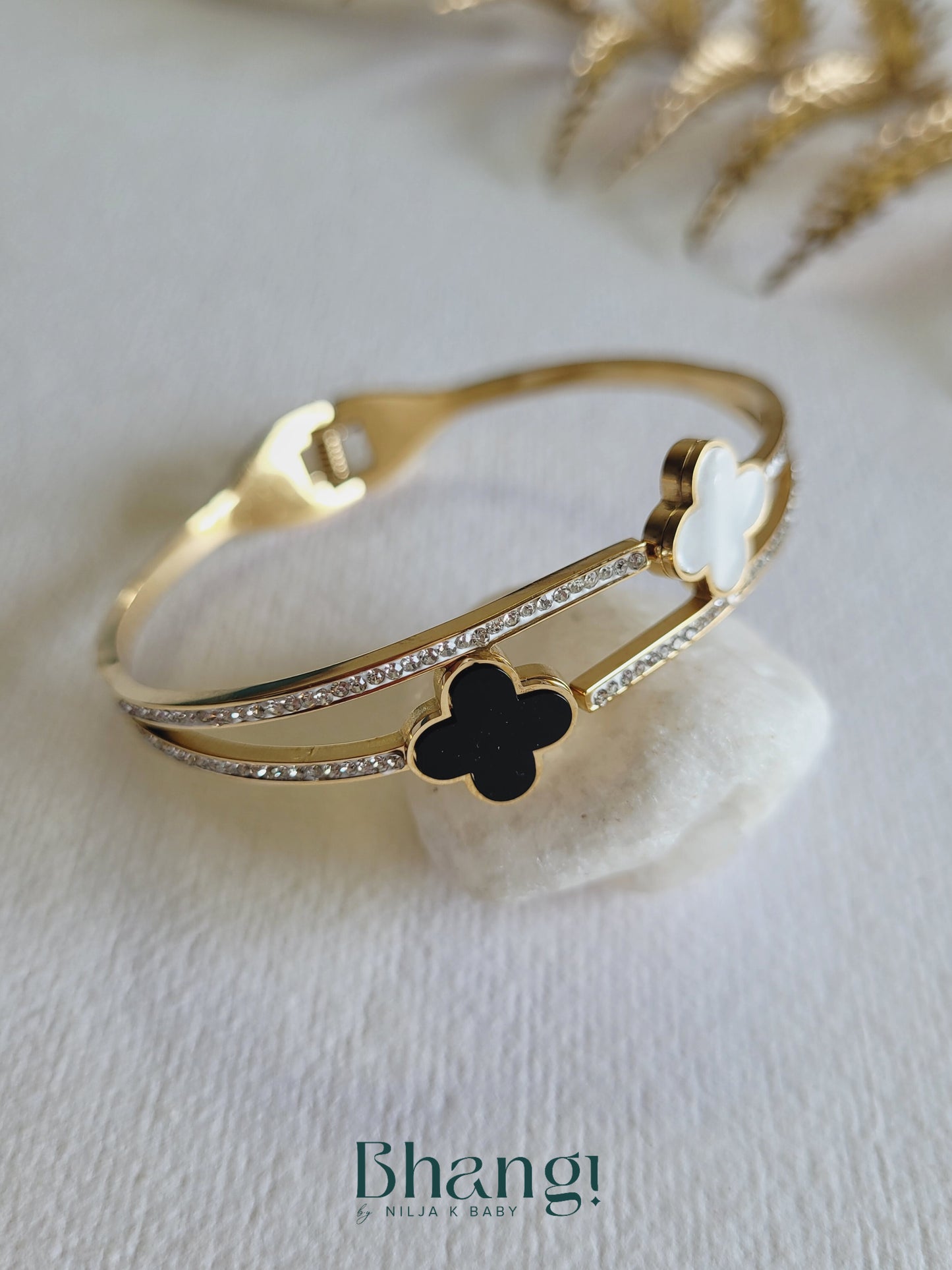 Black and White Clover Bangle with Crystal Accents