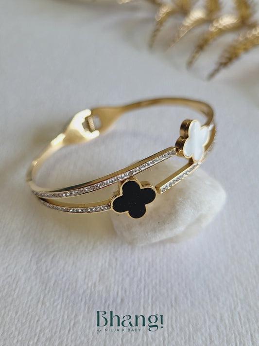 Black and White Clover Bangle with Crystal Accents