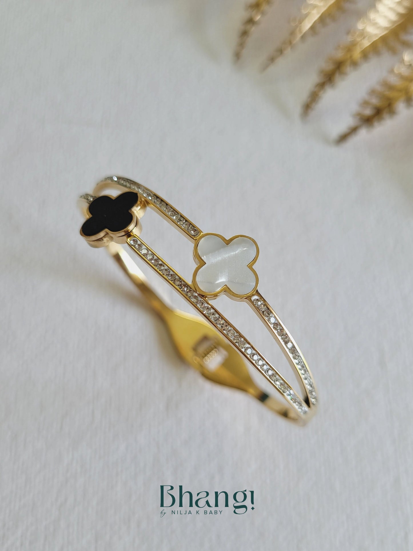 Black and White Clover Bangle with Crystal Accents