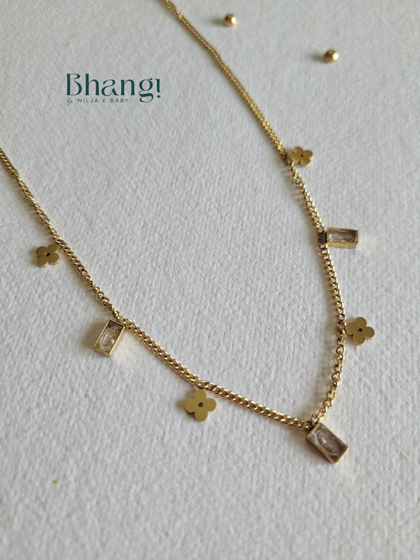Gold-Tone Chain Necklace with Floral and Rectangle Charms