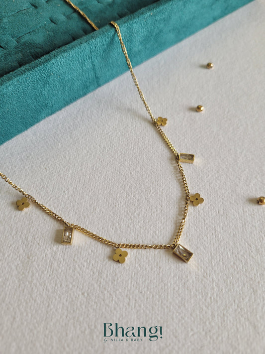 Gold-Tone Chain Necklace with Floral and Rectangle Charms