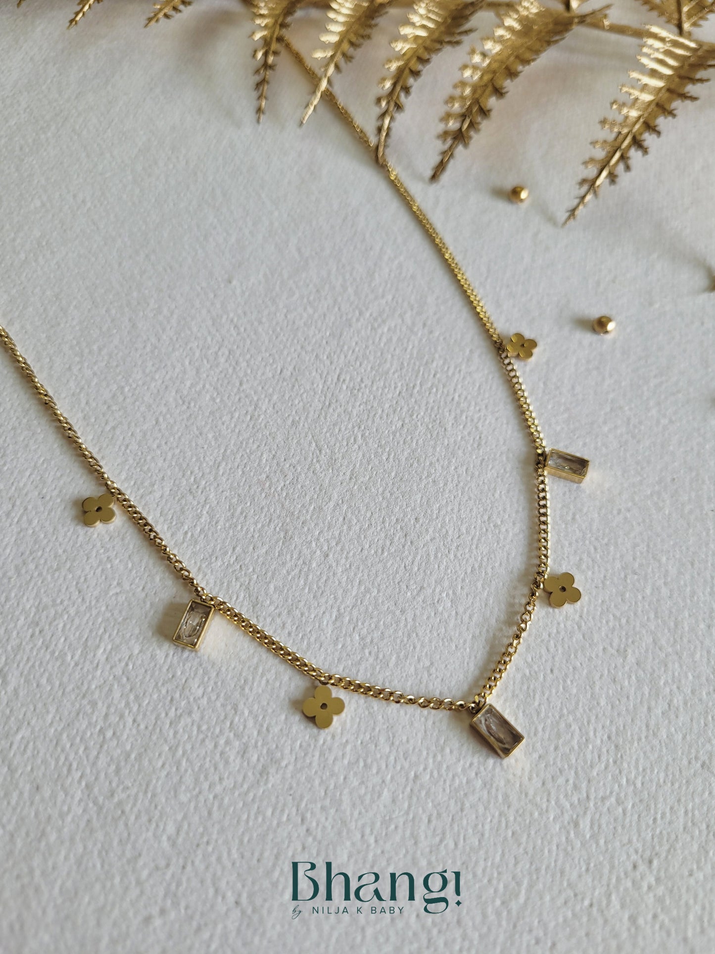 Gold-Tone Chain Necklace with Floral and Rectangle Charms