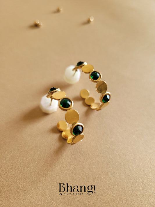 Green Stone & Gold Hoop Earrings