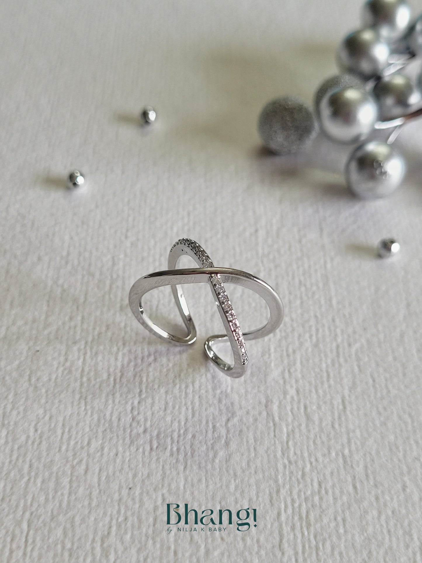 Silver Crisscross Crystal Open Ring