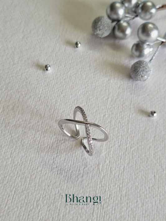 Silver Crisscross Crystal Open Ring