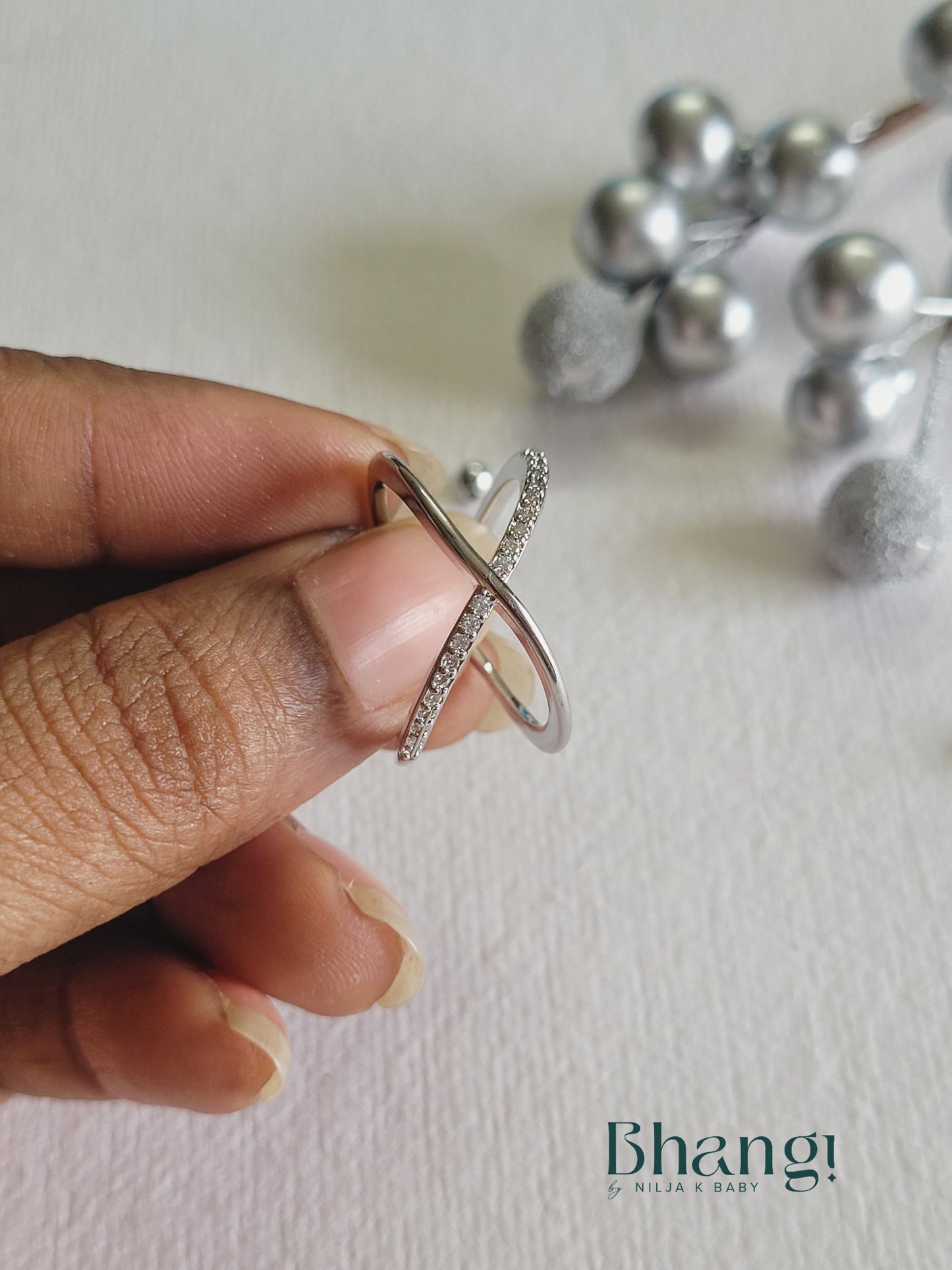 Silver Crisscross Crystal Open Ring