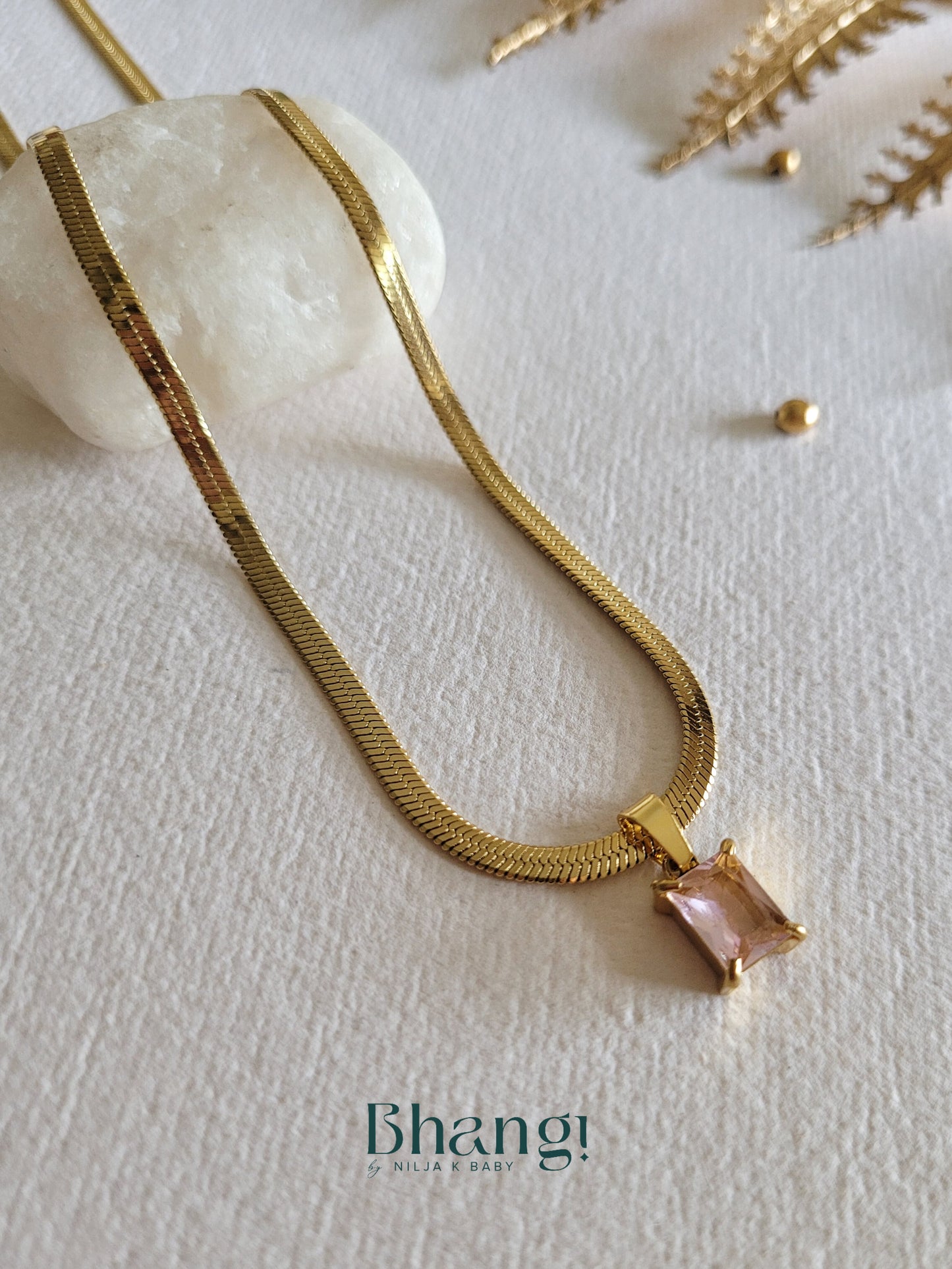 Golden Rectangle Pink Stone Chain