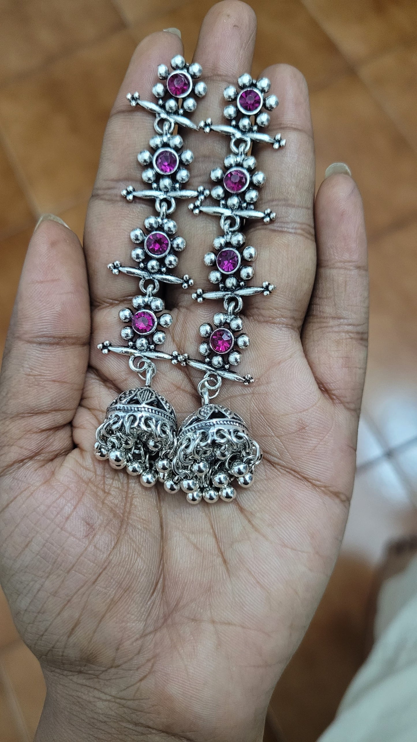 Silver Color Gemstone long Jhumka Earrings