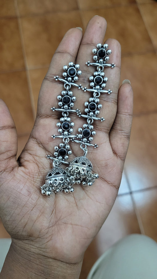 Silver Color Gemstone long Jhumka Earrings