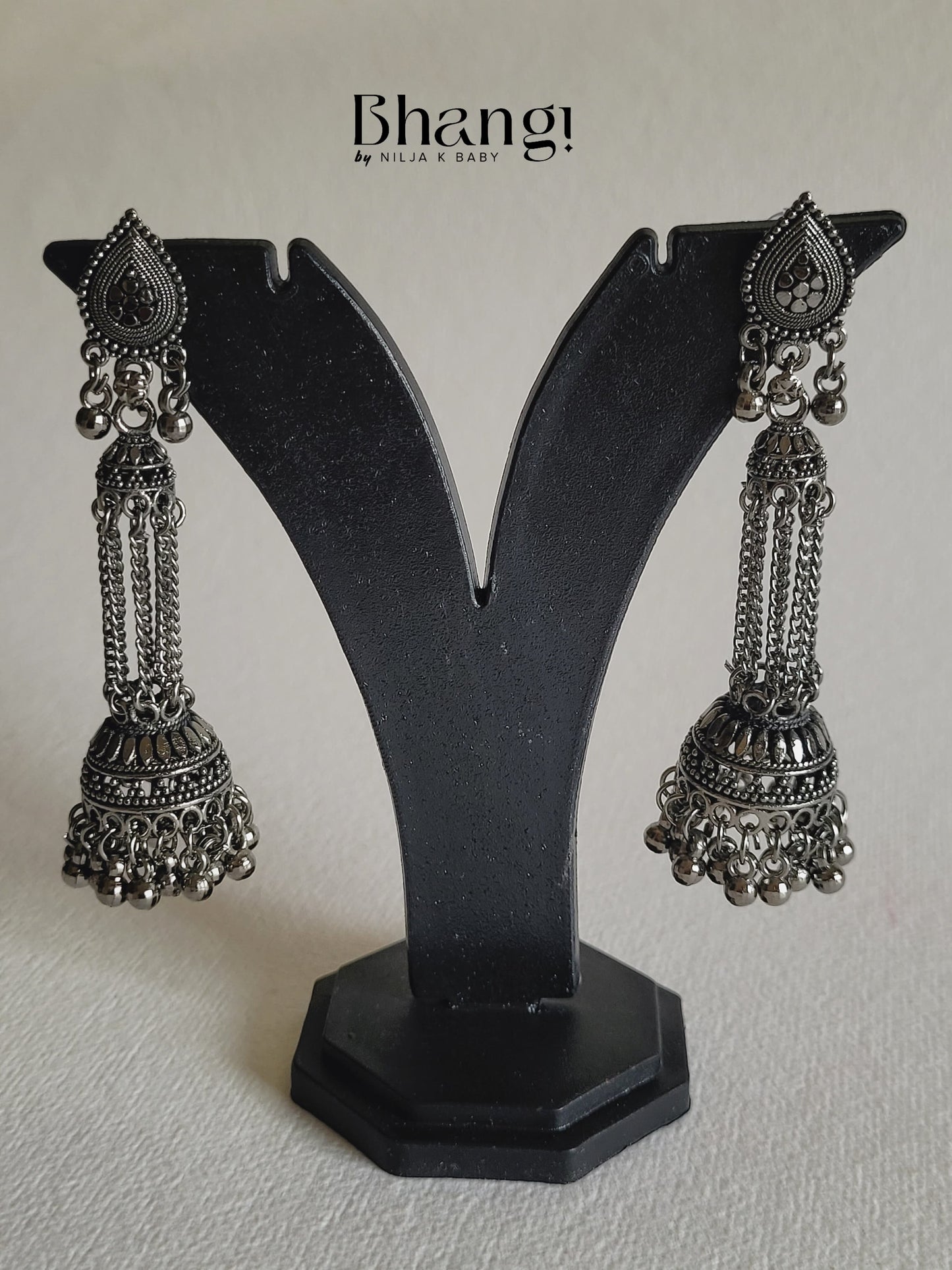 Oxidized Silver Chain Jhumka Earrings