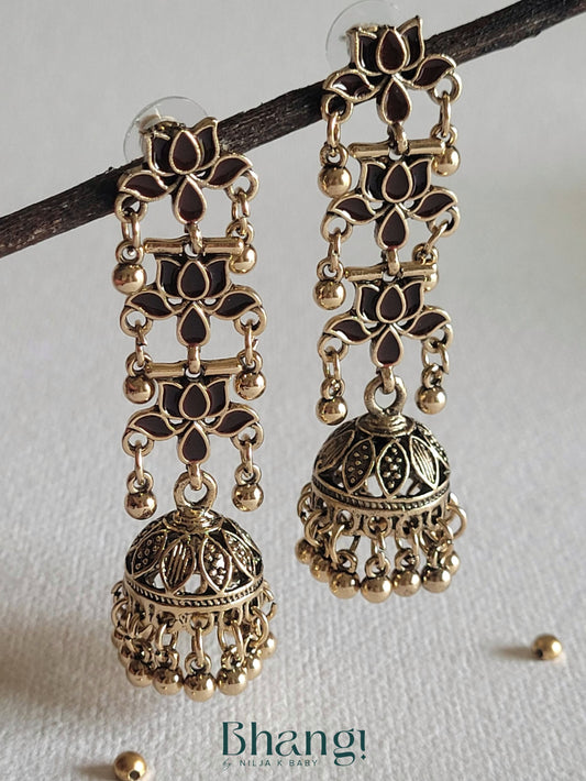 Lotus Jhumka Earrings - Brown