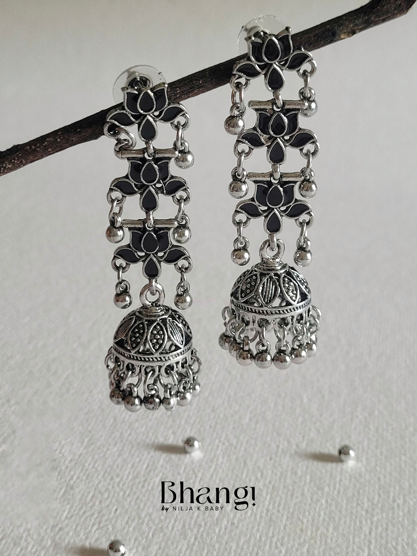 Lotus Jhumka Earrings - Black