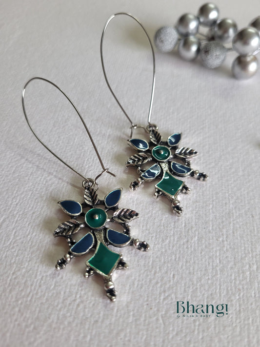 Dual ColourLong Hook Earring - Silver tone - Green & Blue