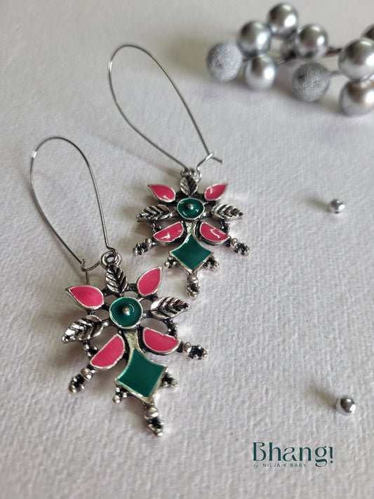 Dual ColourLong Hook Earring - Silver tone - Red & Green
