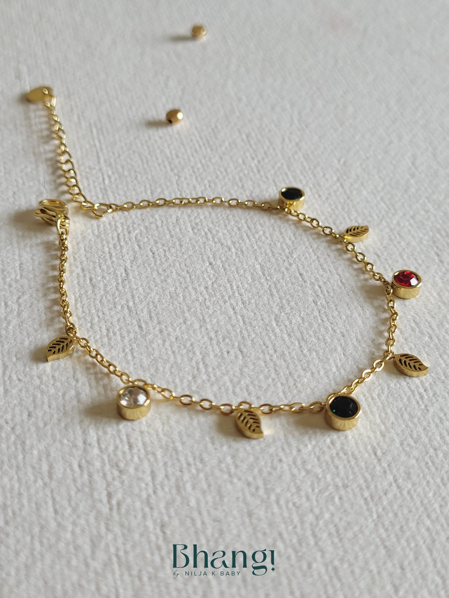 Golden Leaf & Gem Charm Bracelet