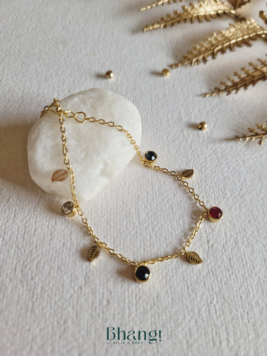 Golden Leaf & Gem Charm Bracelet