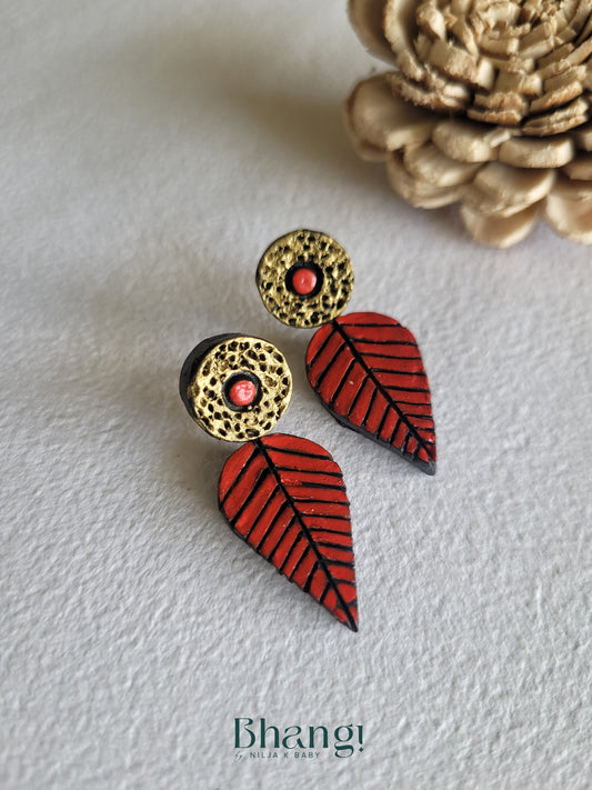 Terracotta Leaf Drop Earrings – Vermilion Red