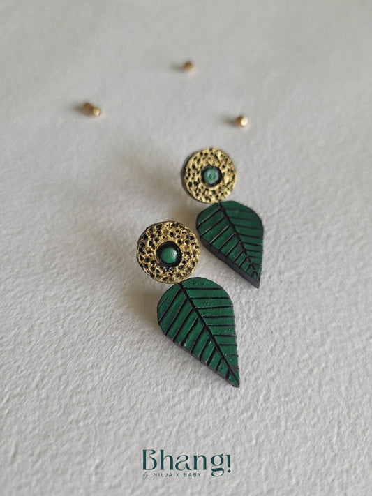 Terracotta Leaf Drop Earrings – Forest Green