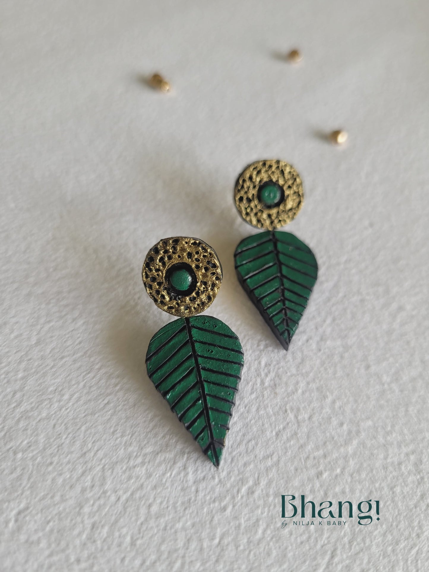 Terracotta Leaf Drop Earrings – Forest Green