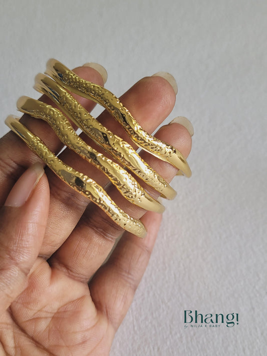 Textured Wave Cuff Bangle – Gold Finish
