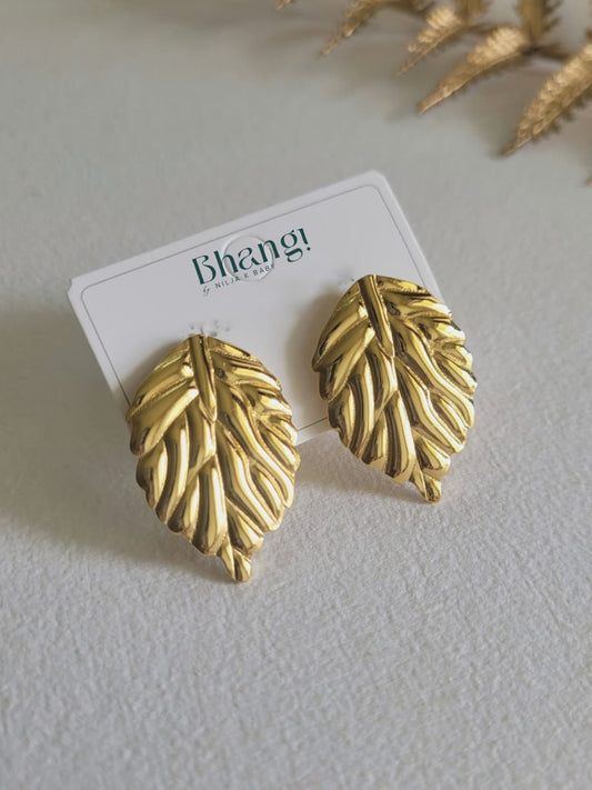 Golden Textured Leaf Stud Earrings