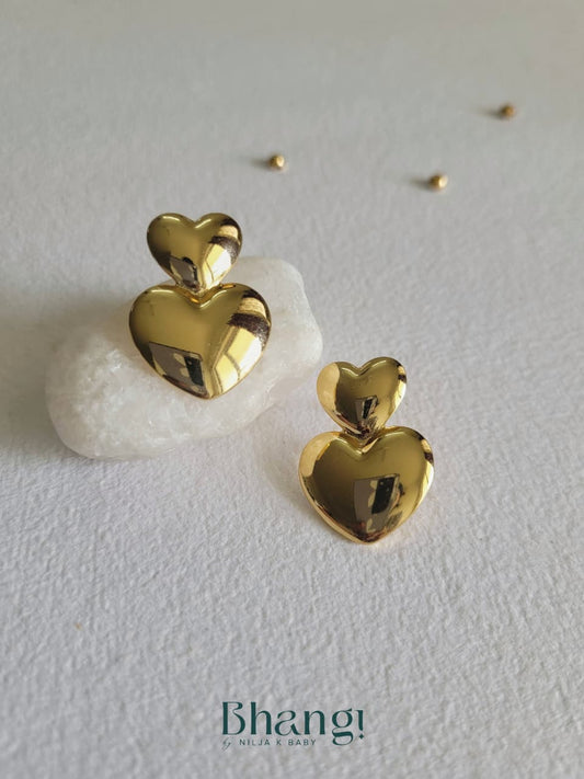 Golden Double Heart Stud Earrings