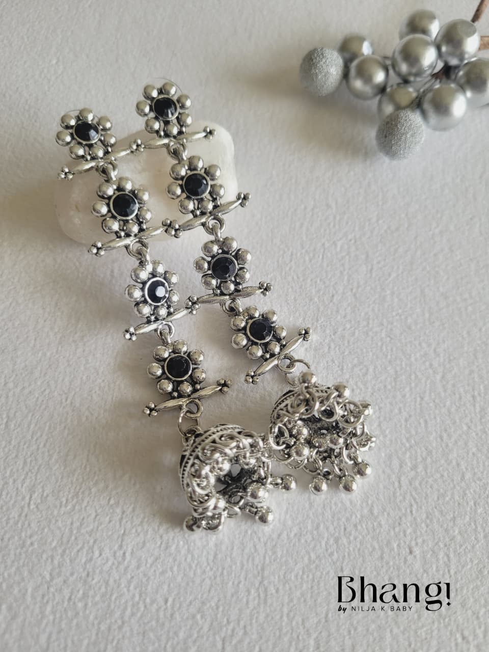 Silver Color Gemstone long Jhumka Earrings