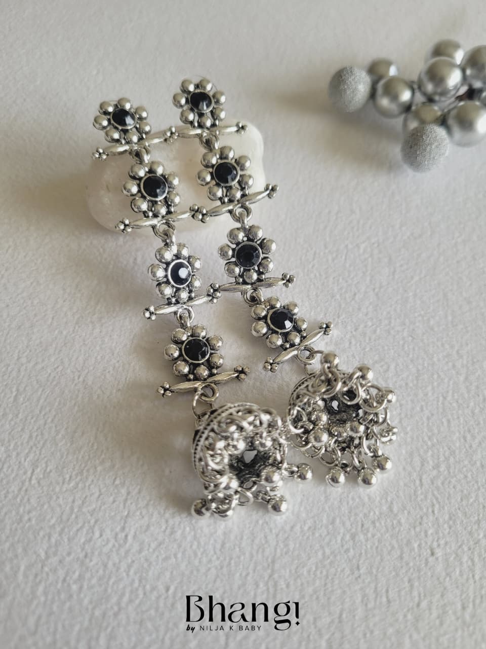 Silver Color Gemstone long Jhumka Earrings