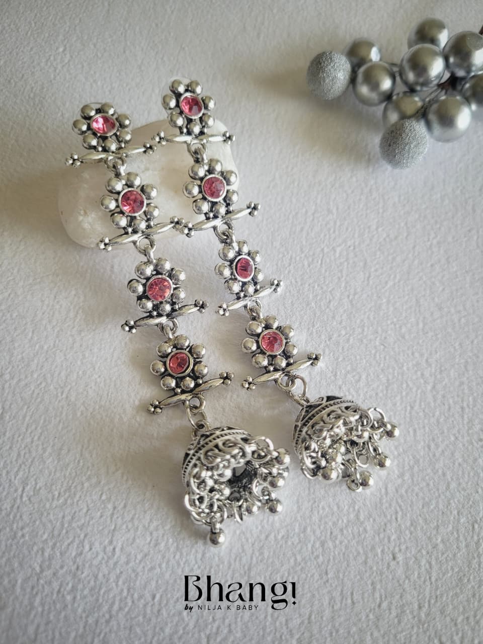 Silver Color Gemstone long Jhumka Earrings