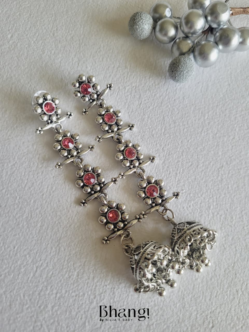 Silver Color Gemstone long Jhumka Earrings
