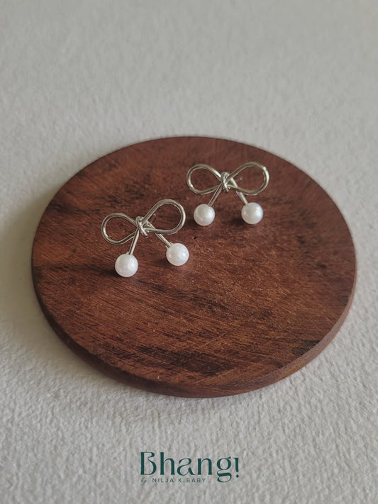 Silver Bow Pearl Studs