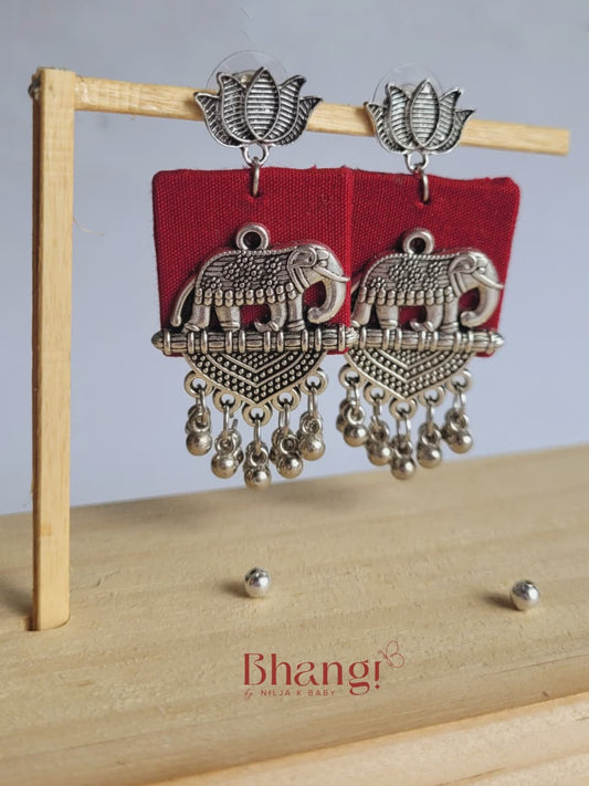 Elephant Lotus Fabric Earrings - Red