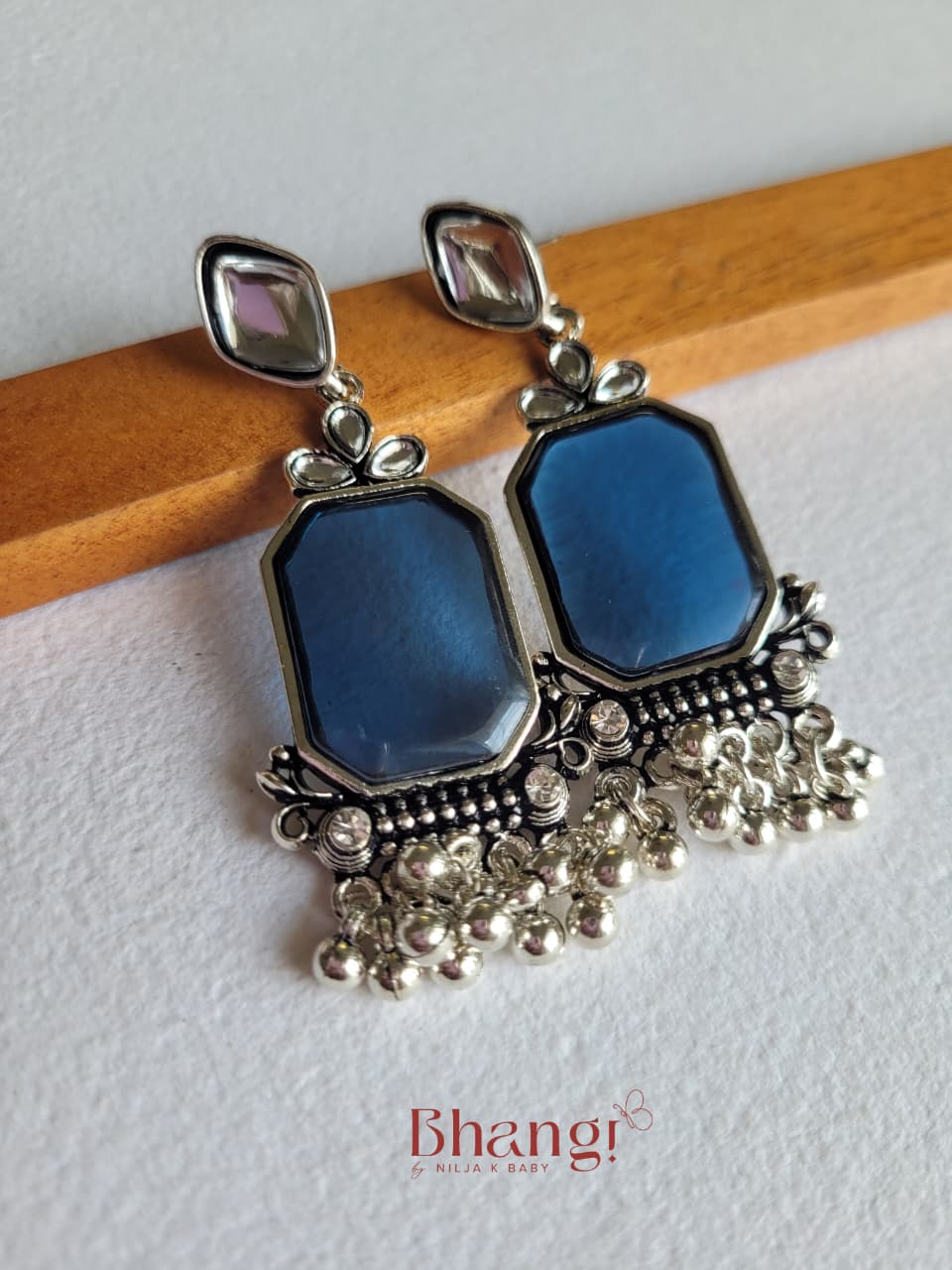 Noor Blue Stone Oxidised Statement Earrings