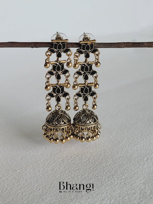 Lotus Jhumka Earrings - Black