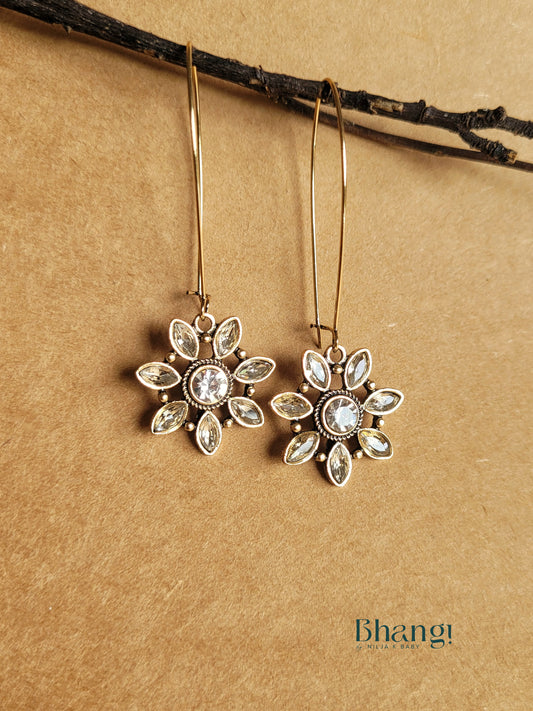 Floral Shaped Long Hook Earings With White Stone